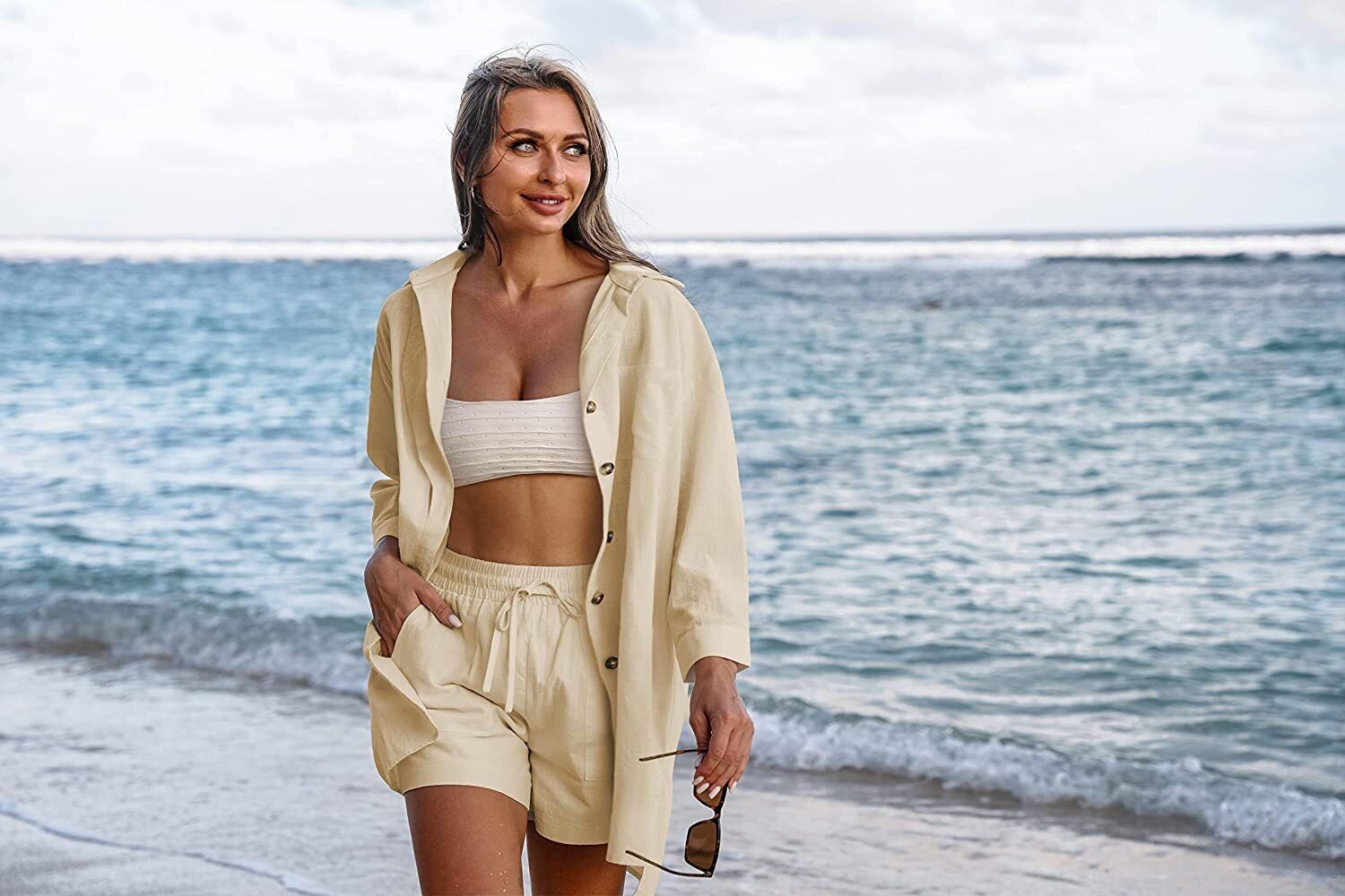 Beyove Women's Cotton Linen Set Casual Tracksuit Button Down 3/4 Sleeve Shirt